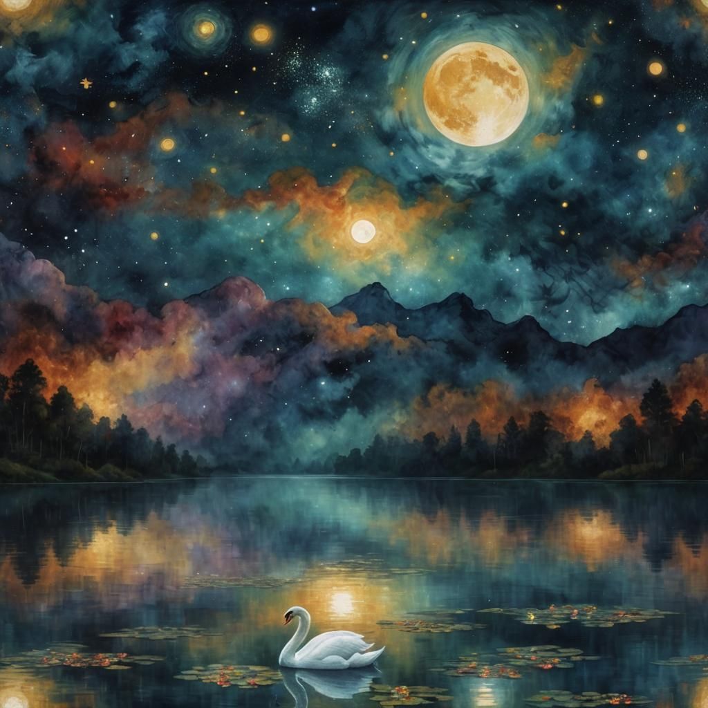 swan - nebula over moonlit lake