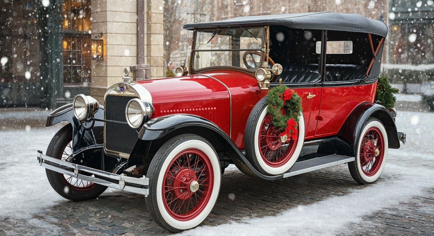 1913 red Winton automobile decorated for christmas   by @Juliana