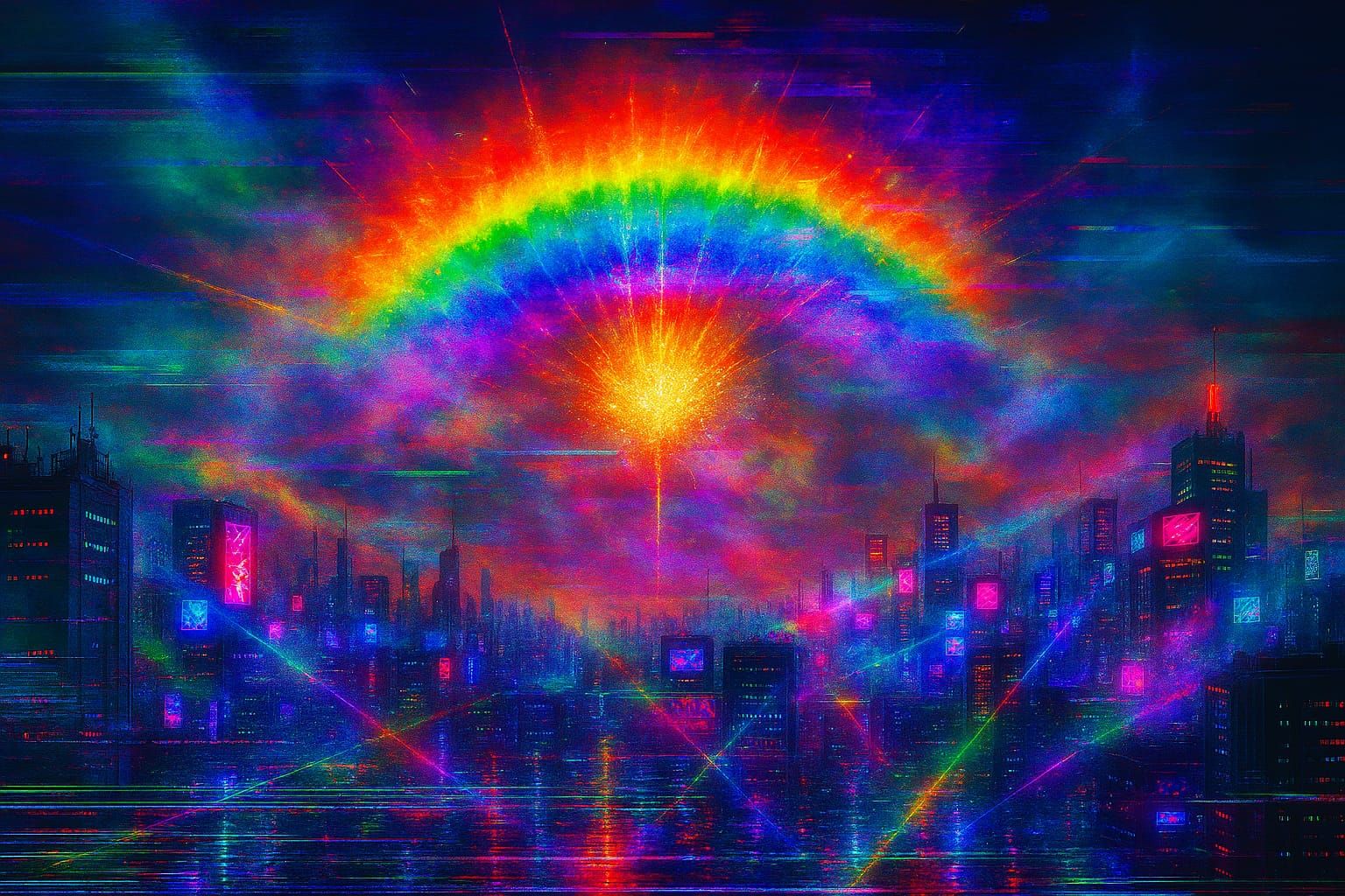 Glitched Atmospheric Rainbow Explosion over a Cyberpunk City