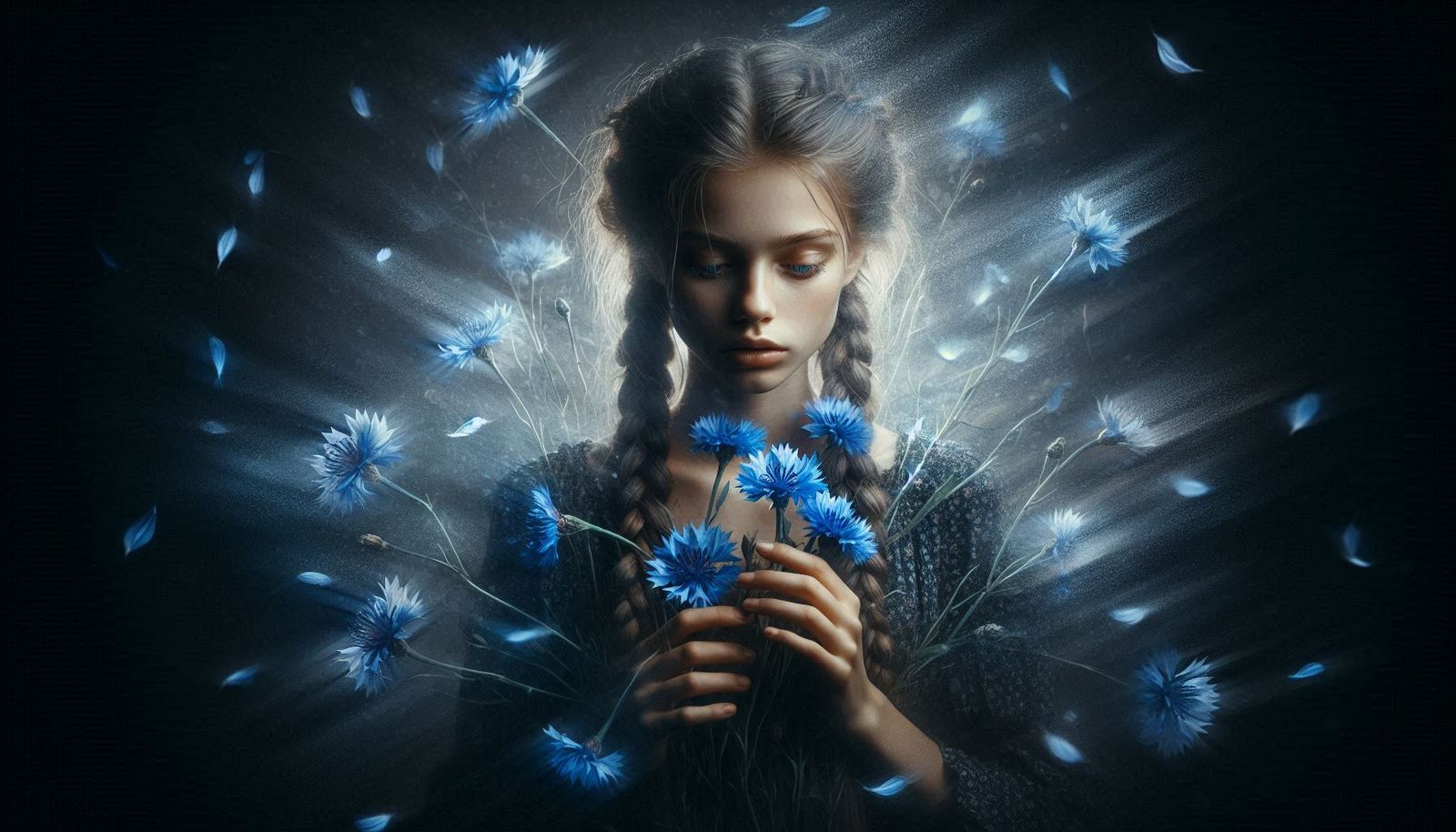 “The Blueflower Prophecy” A young girl surrounded by glowing...