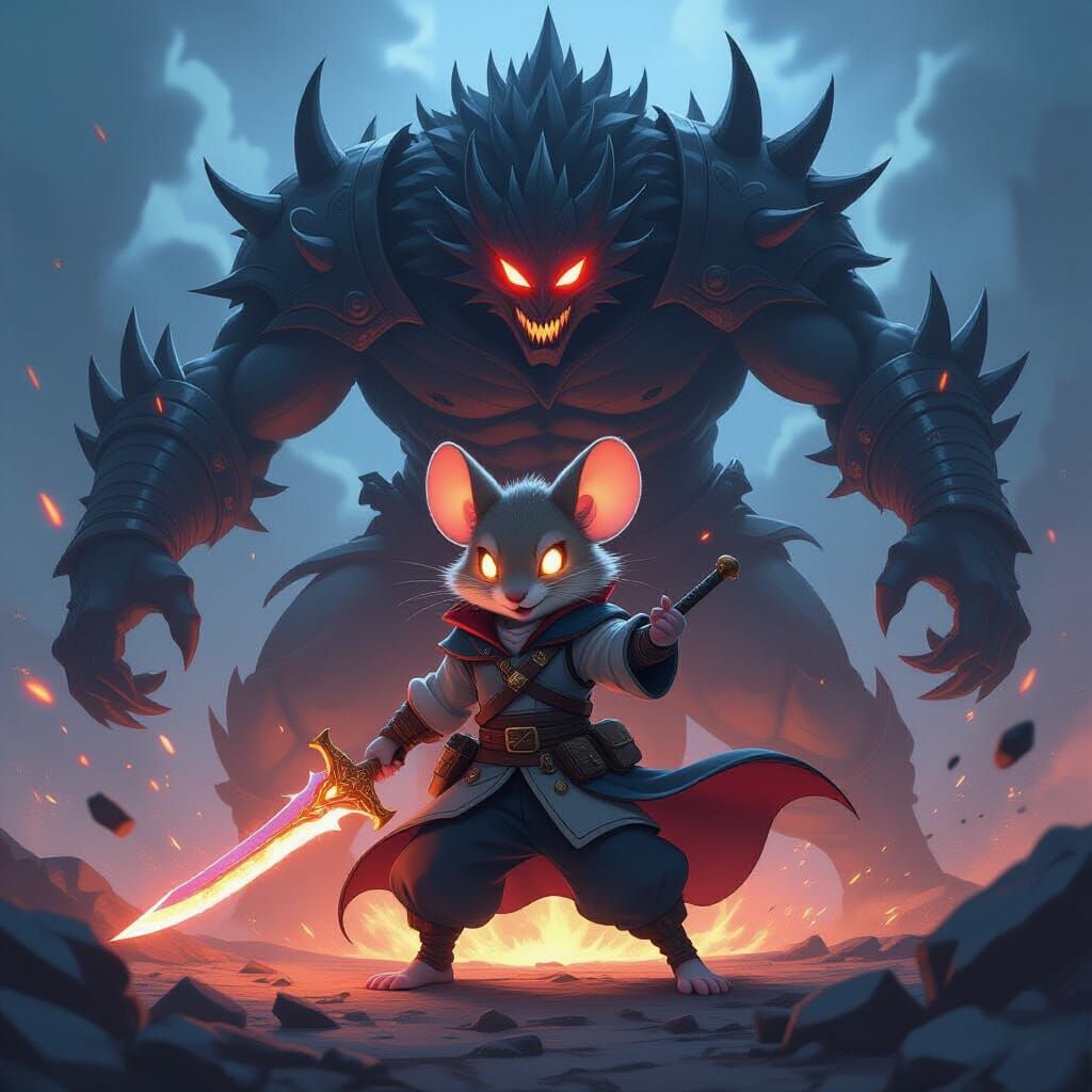 Epic anime-style battle scene featuring Finn, the anthropomorphic wandering mouse hero. He is drawn in dynamic anime aesthetics, with sharp ...