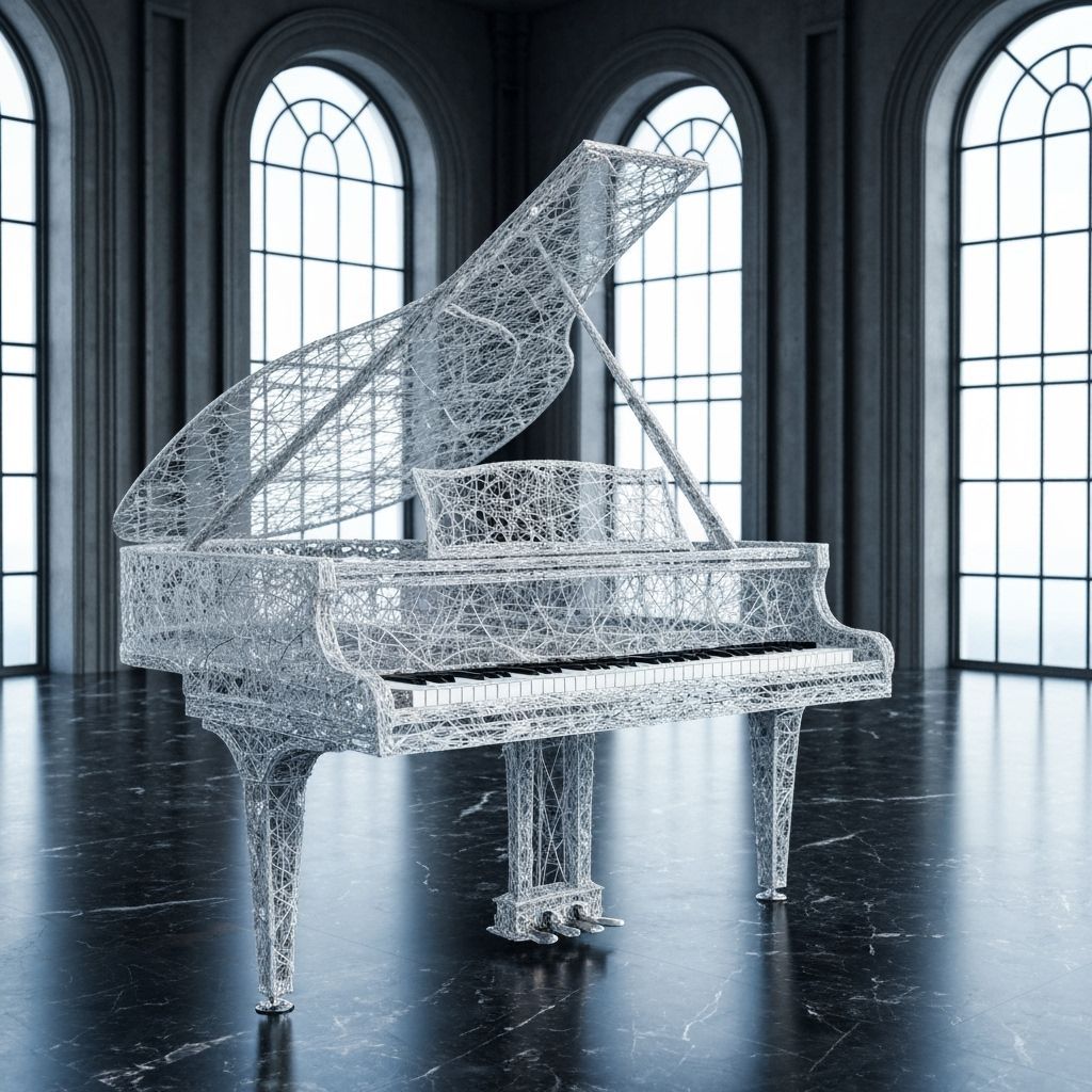 A Grand Piano Woven From Silver Spiderweb Threads  by @Twiggles