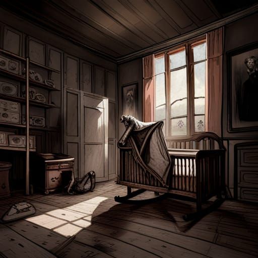 old victorian nursery bedroom, abandoned, wallpaper ripped off, a rocking horse, long since used, an old crib covered in...