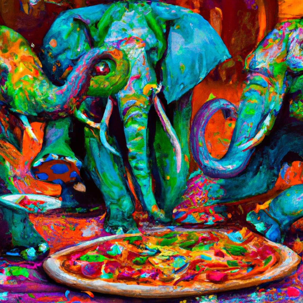 anthropomorphic elephants sitting around a table eating a huge veggie