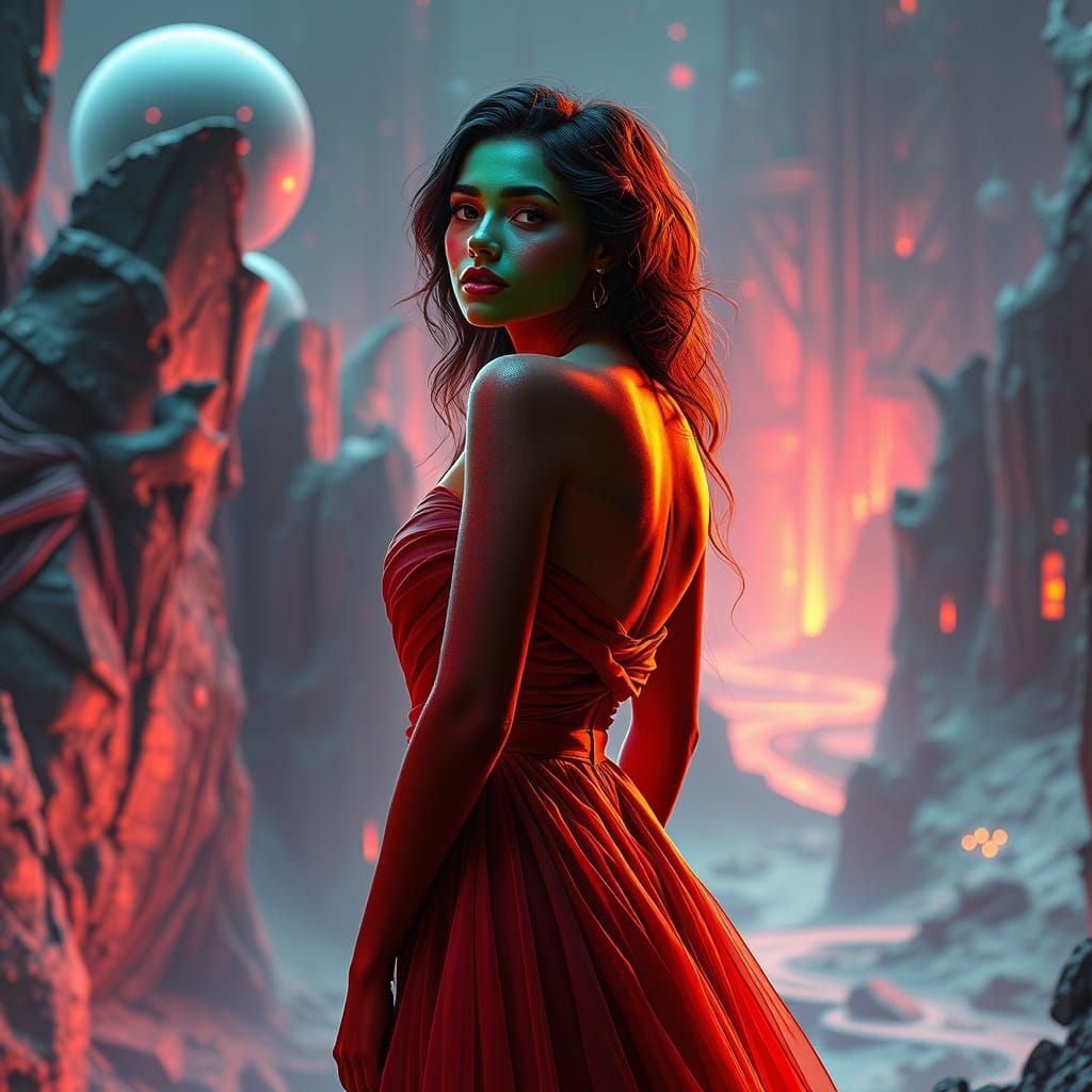 Beautiful Woman with Painted Skin in Futuristic Landscape