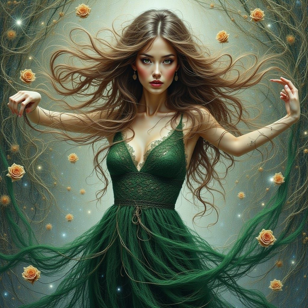 <lora:tangled style Fx:1.0> Portrait of Gorgeous bride in a lacy green dress, beautiful hair, pretty face, pretty features, powerful, magic,...