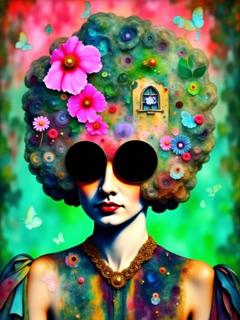 <lora:BeautyofCollageFlux:1.0> Woman with a house on her head, fantasy fairytale