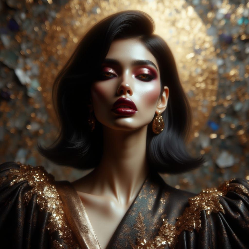 <lora:Cathedral Couture:1.0> A cinematic portrait of an elegant Korean woman in cathedral-inspired couture, illuminated by stained glass lig...