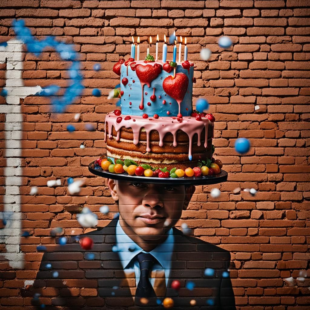 A brick wall with a big graffiti of a cake