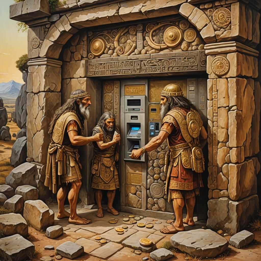 intricate detailed oil painting:
two ancient humans from the megalithic era were busy withdrawing money ...  by @Yoseph Gondronk