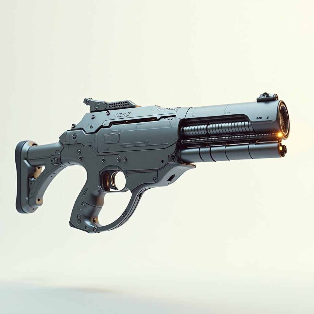 A sleek, futuristic, chain fed, multibarreled gauss gun with mounting points, displayed at a natural angel as if some invisible being was h...