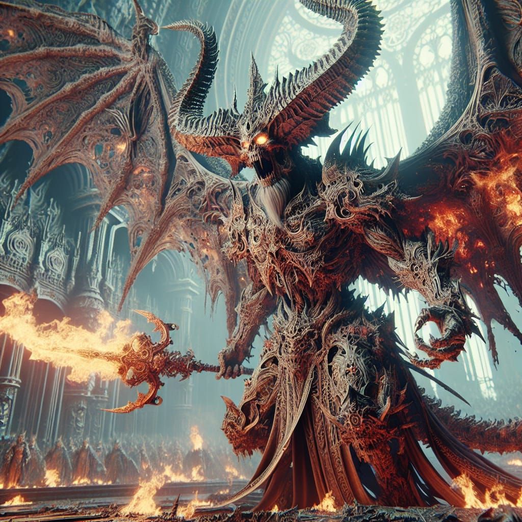 A extra wide angle Hyperrealistic of a great hell demon wear...