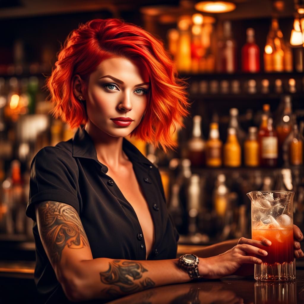 Stunning redhead female bartender serving drinks behind the bar. - AI ...