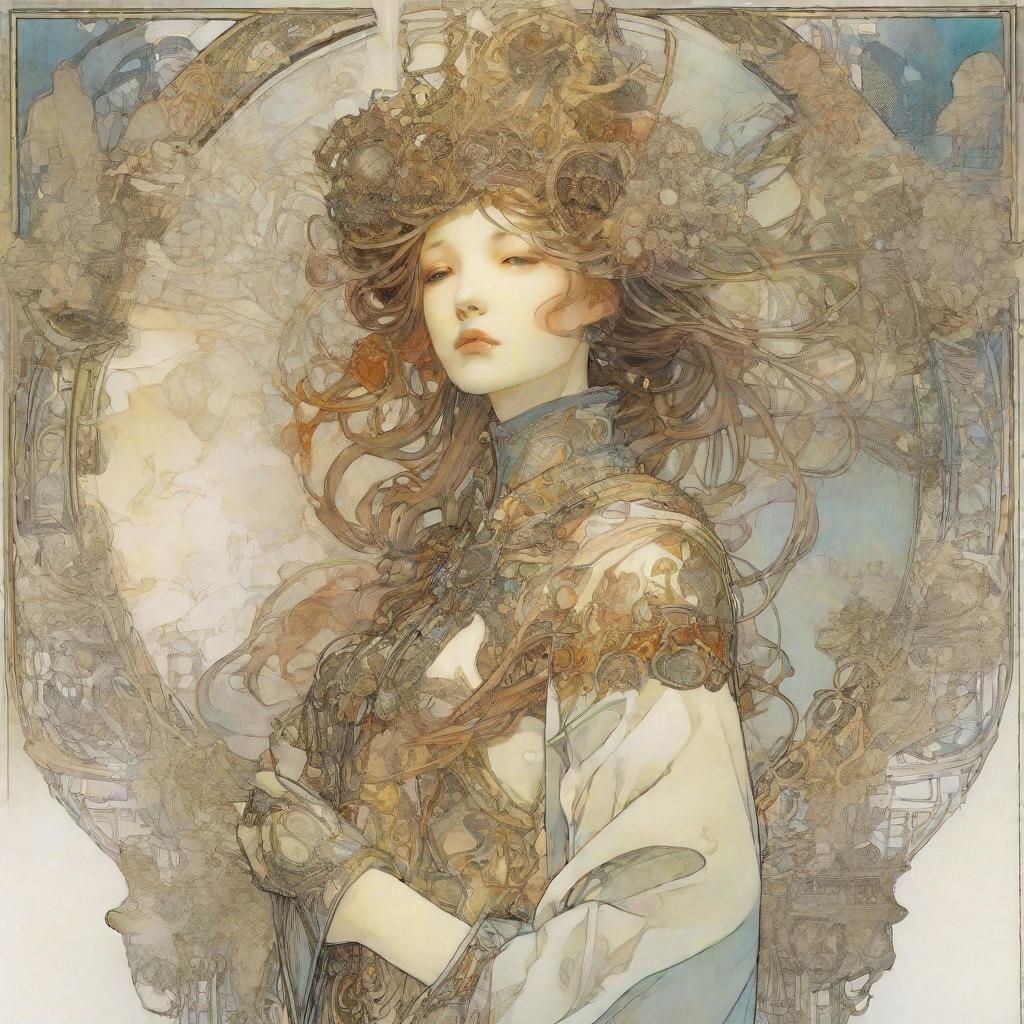 Art by Yoshitaka Amano, Alphonse Mucha: A detailed artwork featuring a ...