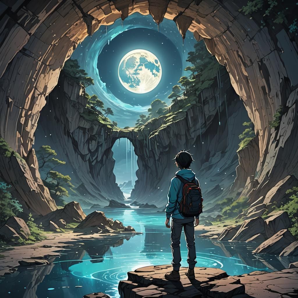 anime styled of a people look at the optical illusion bioluminescent transparent moon, falling down, ...  by @Wildstorm