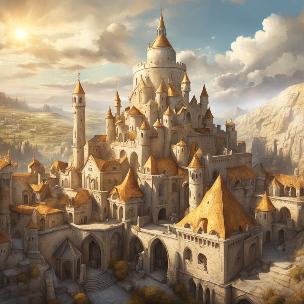 A temperate, small fantasy city, with manors and marketplaces spread out. It is set on a sunlit plane with low hills in the background. The ...