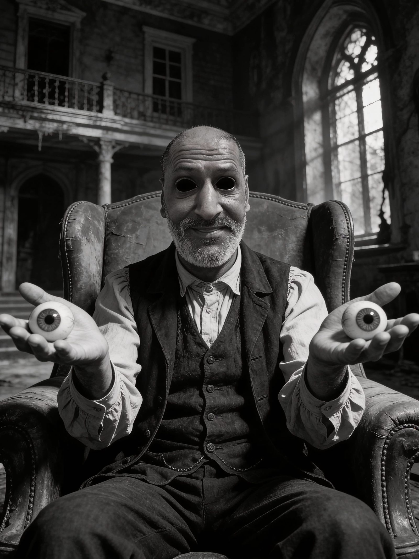Surreal Man Holds Eyeballs in Haunted House