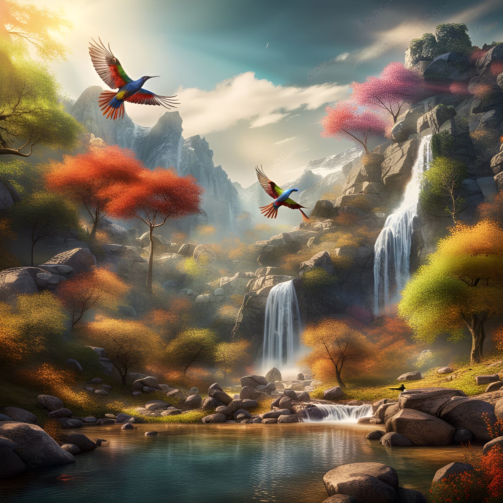 a sunny mountainous landscape with trees and colorful birds and a lovely waterfall intricate details, ...  by @Patsy 