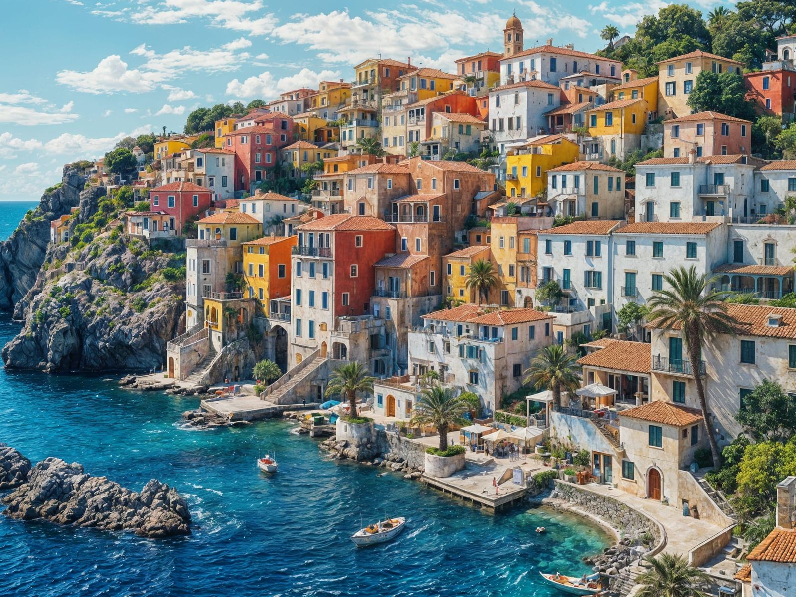 Vibrant Mediterranean Village Oil Painting