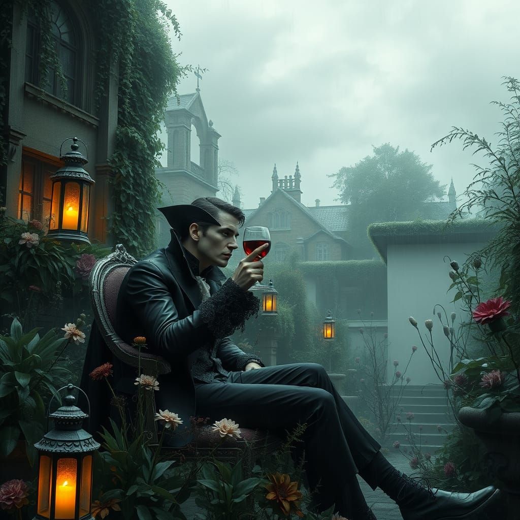 Gothic Vampire Sits in Shrouded English Winter Garden