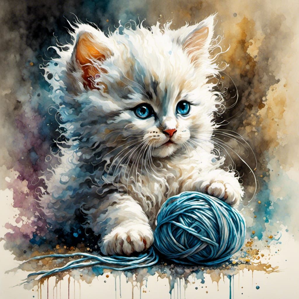 <lora:WatercolorSplash:1.0> Cute fluffy Chibi kitten playing with yarn 