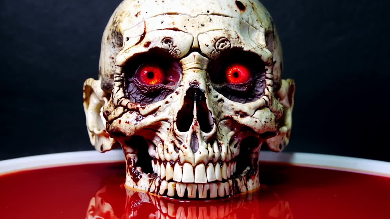 Ein Totenkopf, der von rotem Blut umgeben ist, und feurige Augen hat. Hinter ihm ist alles schwarz