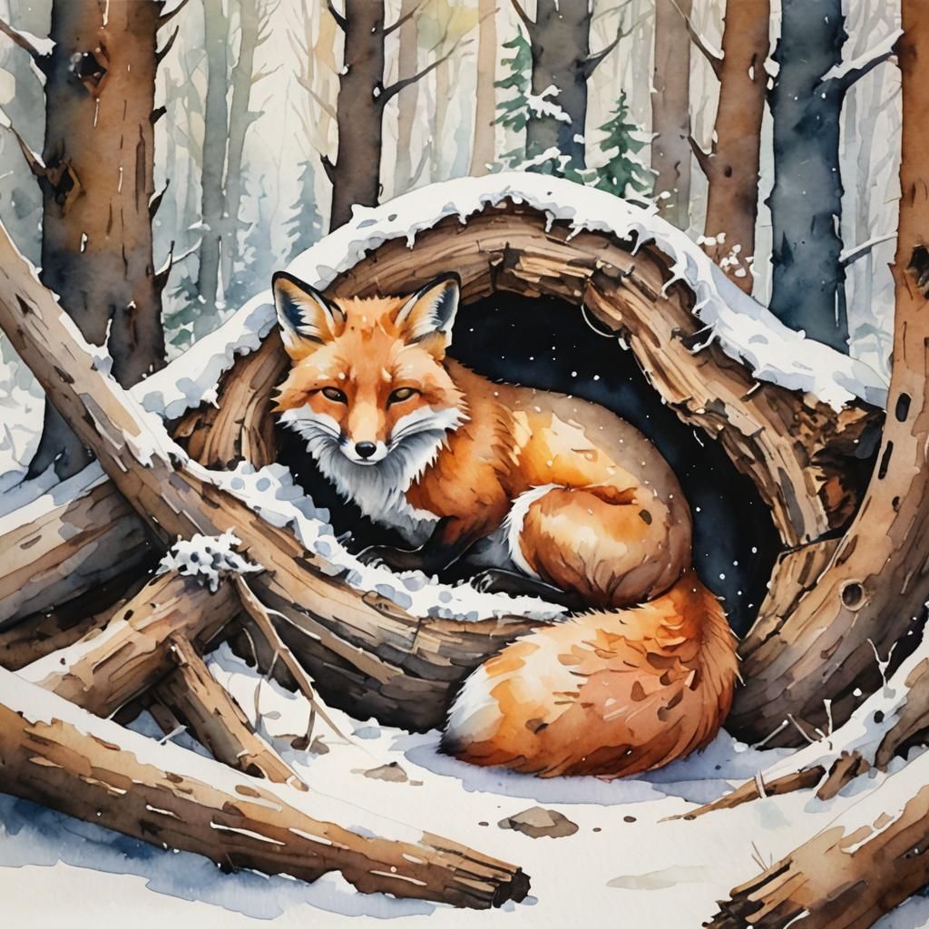 A fox in a snow covered forest. Watercolor 