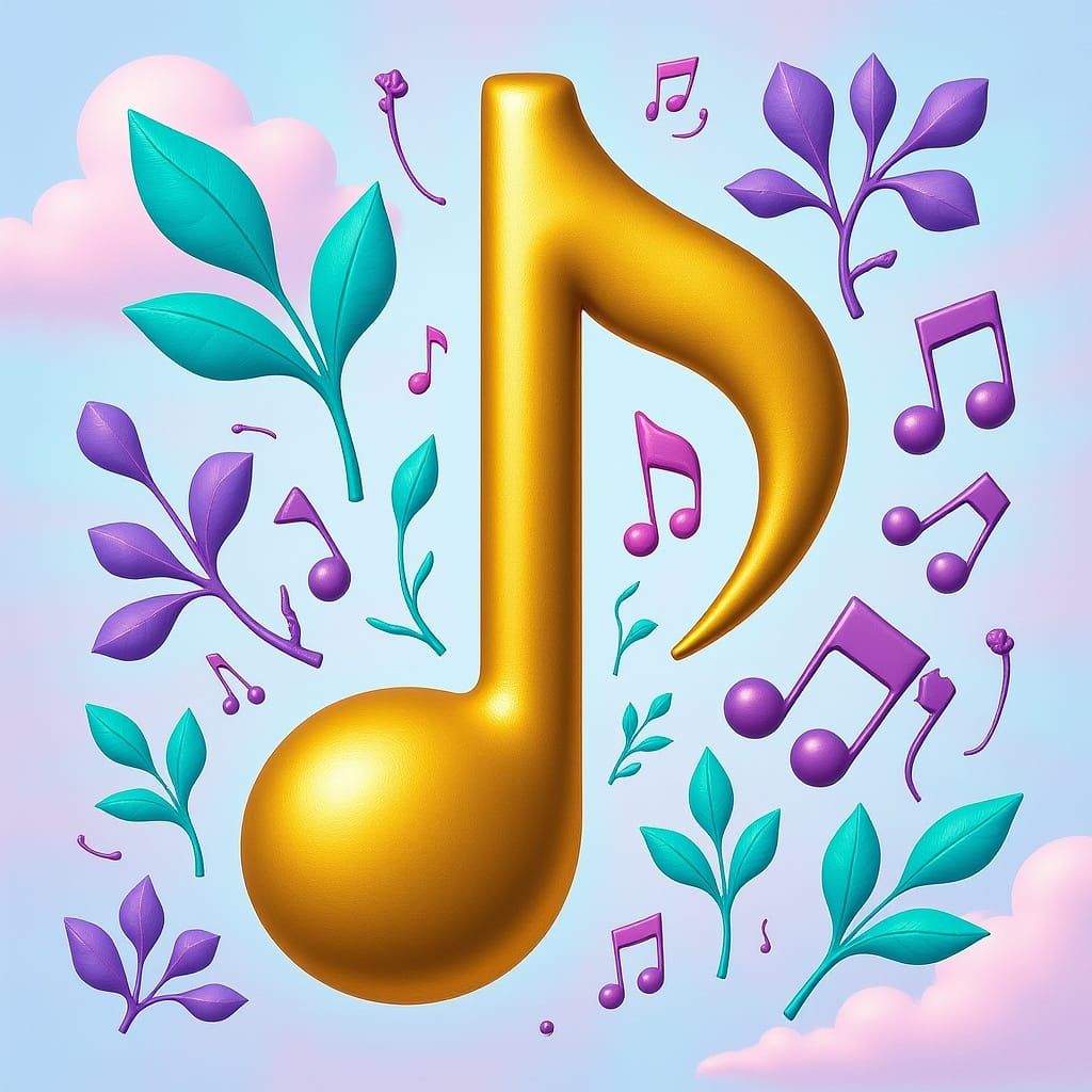 Golden Musical Note in Dreamy Sky, Digital Art