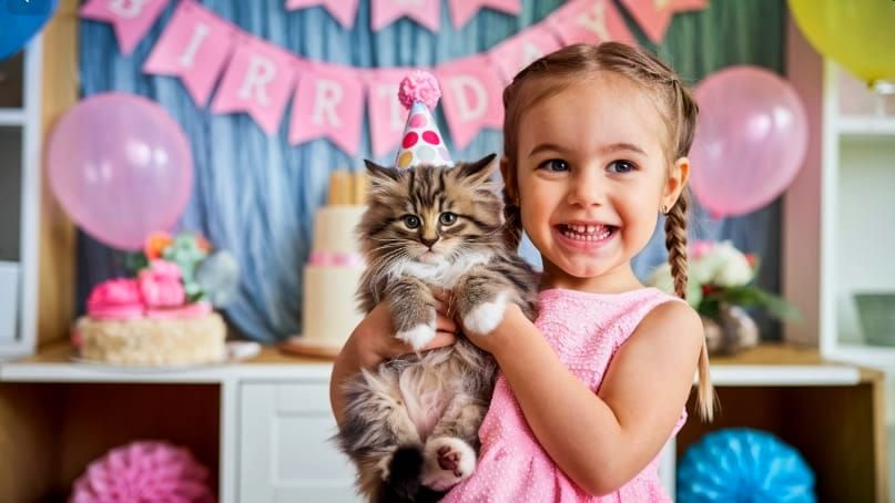 Birthday Girl with Her New Kitten