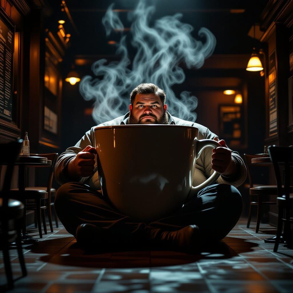Giant Man Drinks Huge Coffee in Empty Night Cafe
