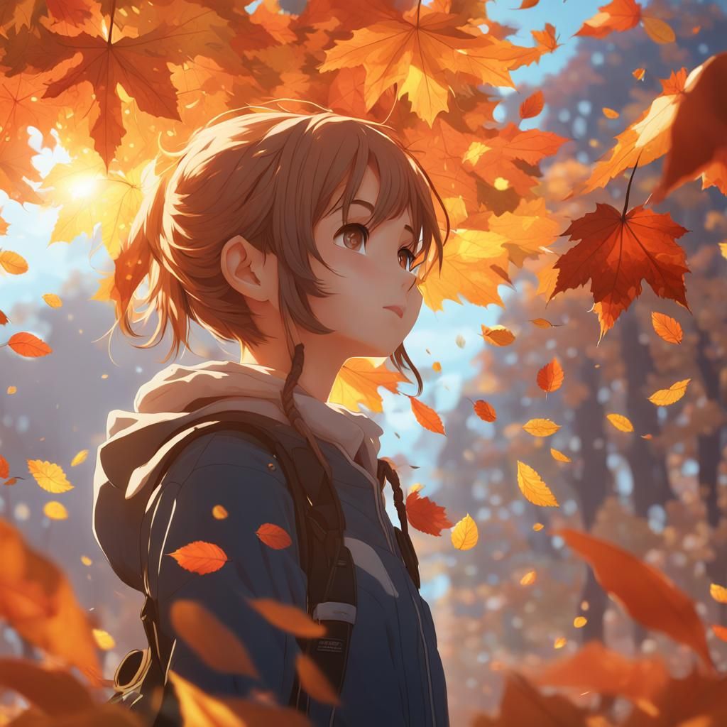 An autumn leaf glowing in the air above the head of a girl