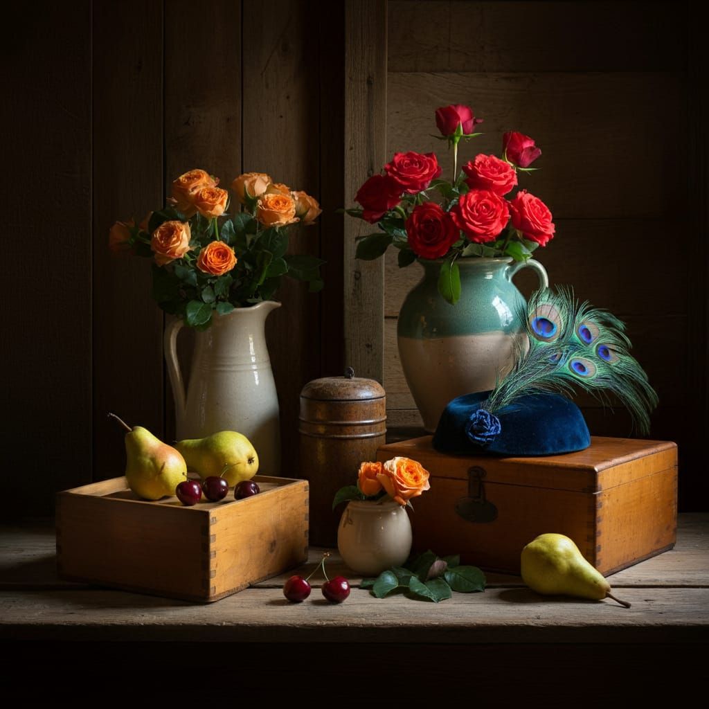 Still Life with Pears and Peacock Hat