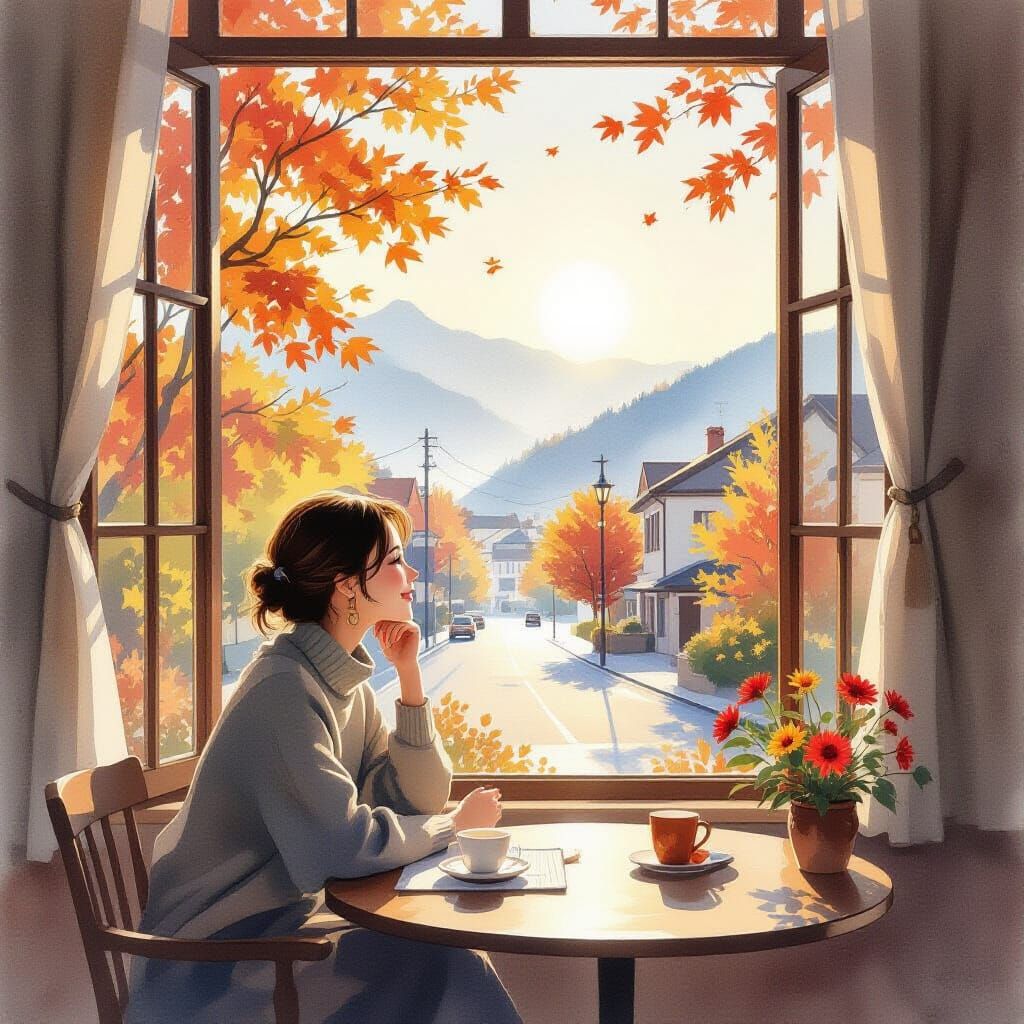 Autumn Morning Serenity: Woman by Window, Watercolor Style
