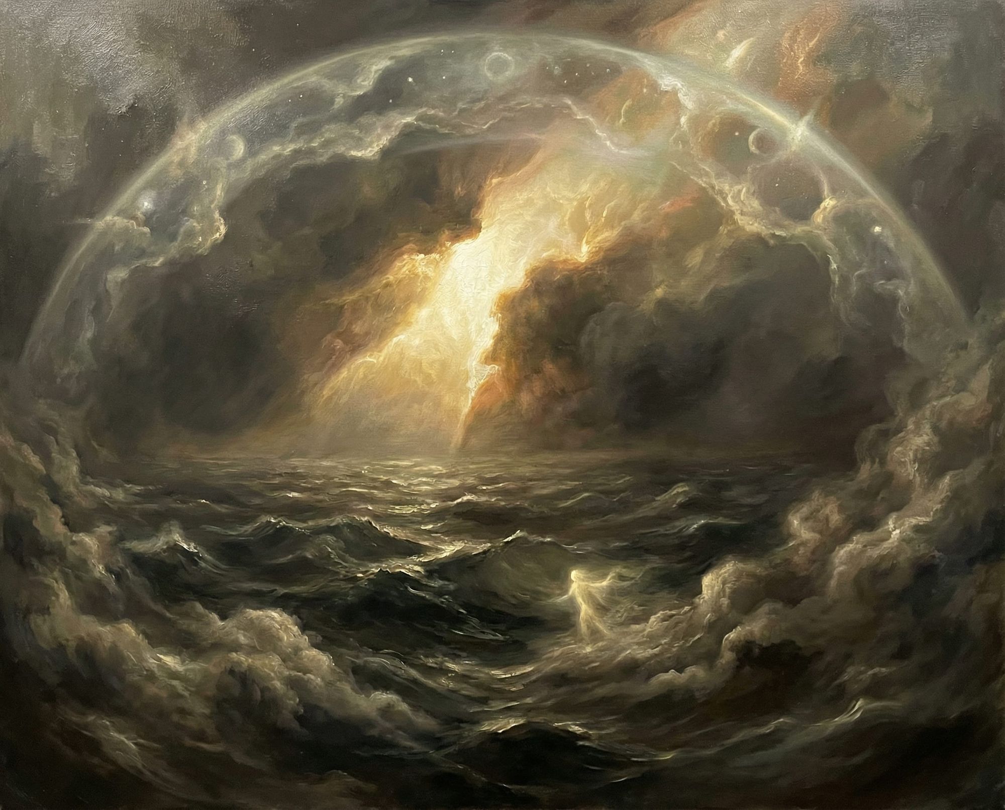 Cosmic creation scene — the void before time, swirling darkness over infinite ocean, divine energy moving across the waters.  
A powerful bu...