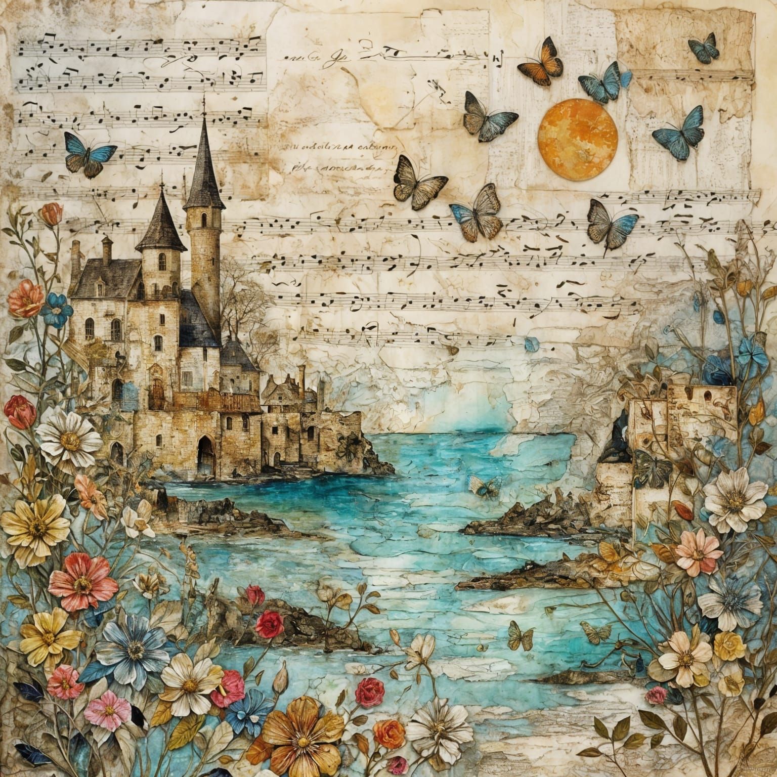 Elegant Mixed Media Collage with Seaside Painting