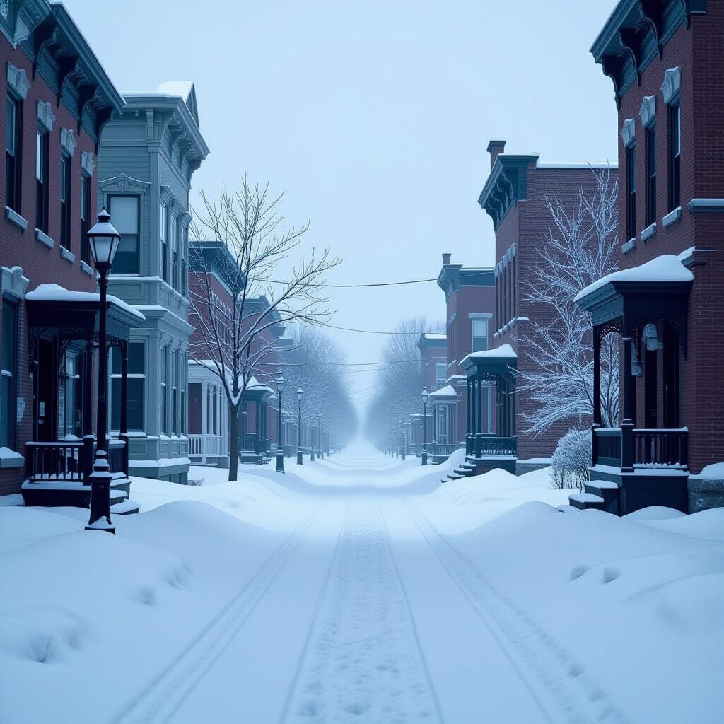 Hyperrealistic Winter Street Scene in Deep Snow