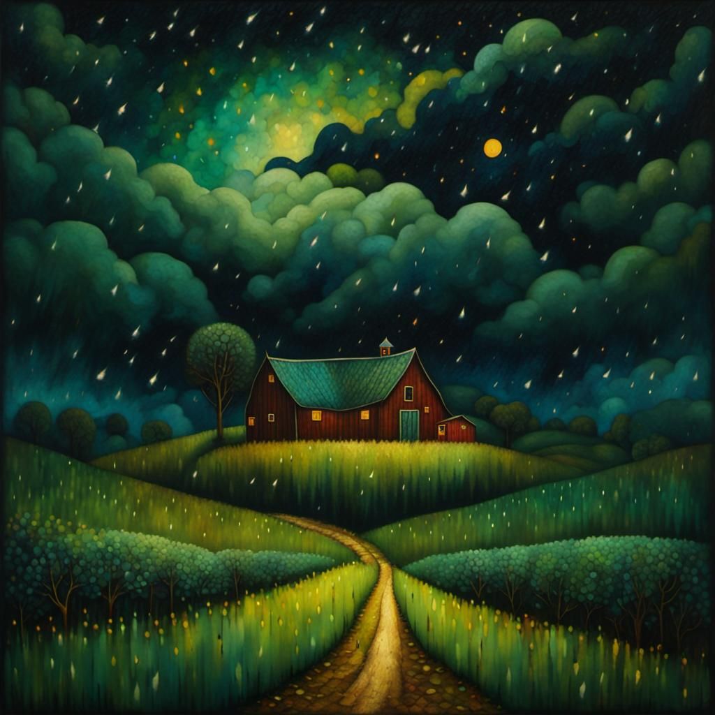 Thunderstorm and heavy rain over a farm, mixed media image by Andy Kehoe, Van Gogh, intricately detailed ...  by @5Foot3 Marie