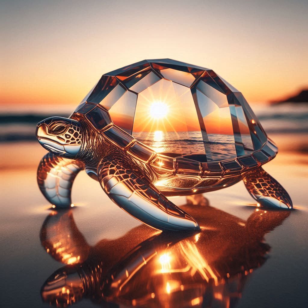 Sunset inside clear diamond turtle sculpture on beach