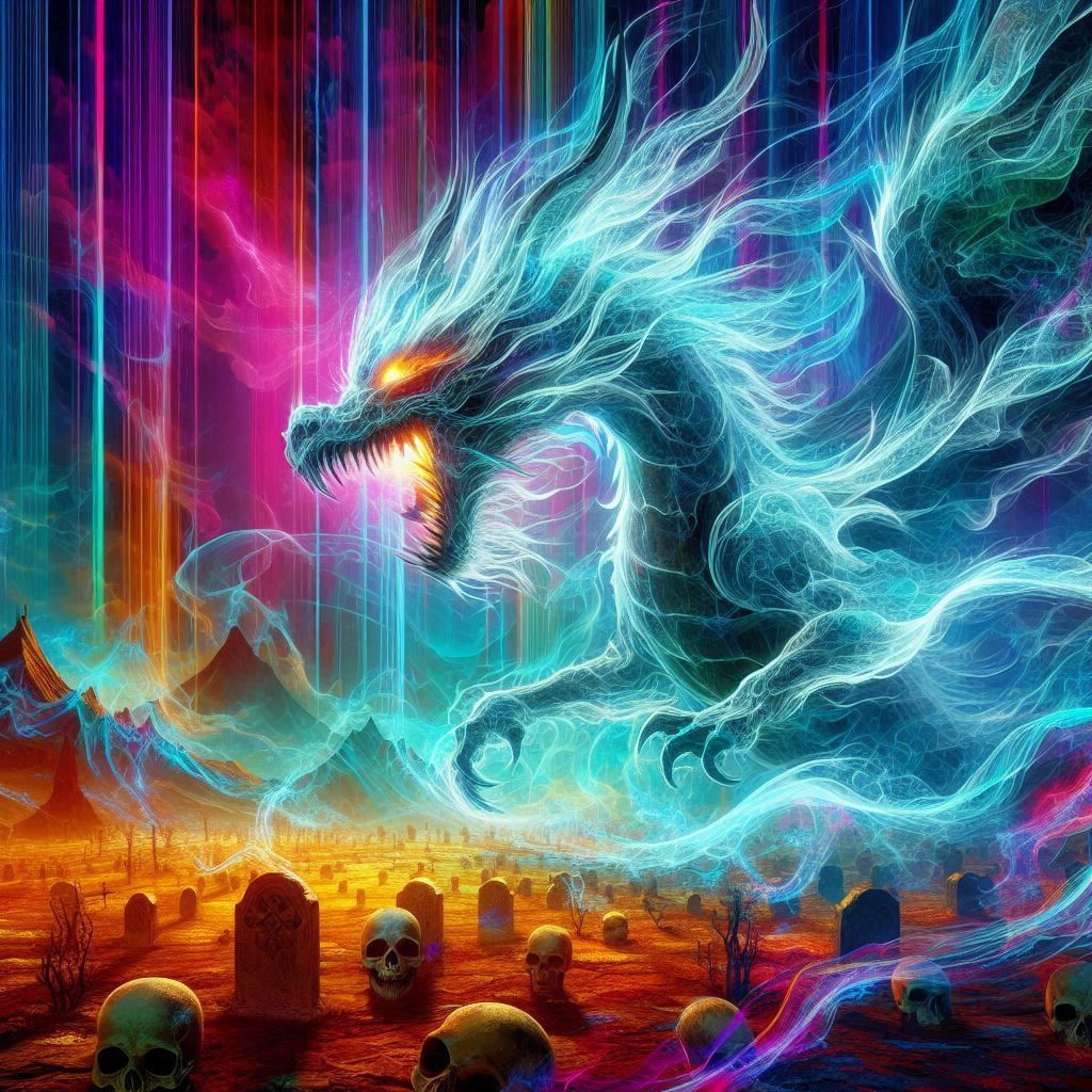 una imagen de un dragón fantasmal en un cementerio ......