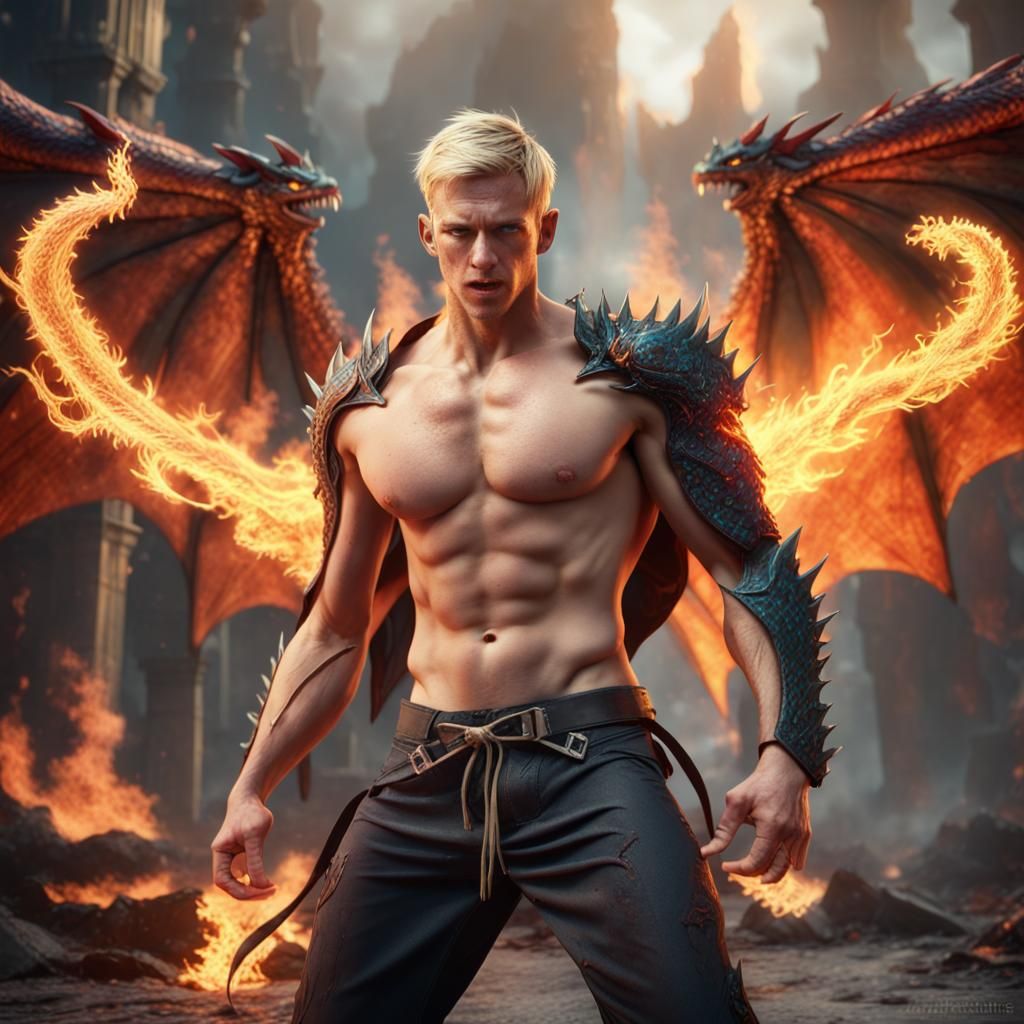 a blonde shirtless muscular guy with dragon wings and fangs ...