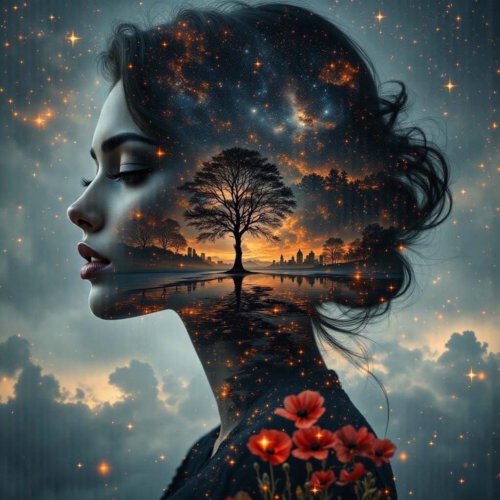Woman Merges With Starry Sky in Ethereal Double Exposure