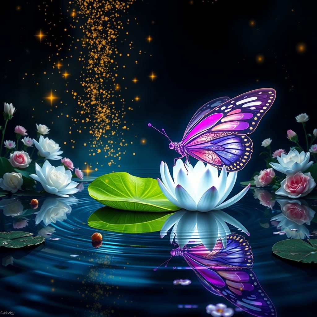 <lora:Flux Glow:1.0> <lora:Ancient Gold:1.0> <lora:PR AlcoholWCGlass:1.0> <lora:Water-Digi Ink v2:1.0> image of beautiful bioluminescent but...