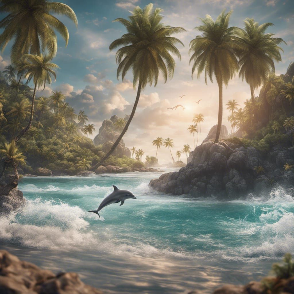 Tropical beach with palm trees and a dolphin jumping in the ...