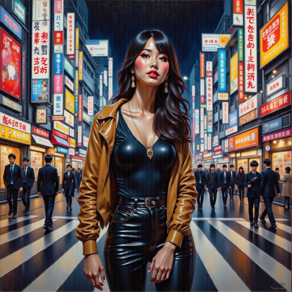 <lora:Asian Women 1-01:1.0> Oil painting of a pretty Asian woman in modern street fashion, neon-lit Tokyo Shibuya Crossing at night.