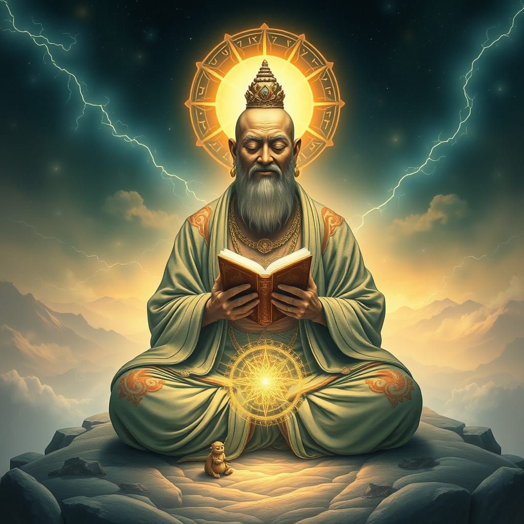 Steampunk Monk Embodies Cosmic Harmony and Wisdom