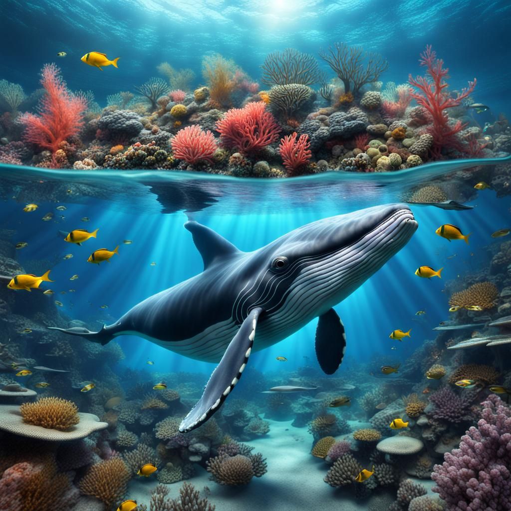 a whale in a magical coral reef deep in the oceanwith lots of tropical fish