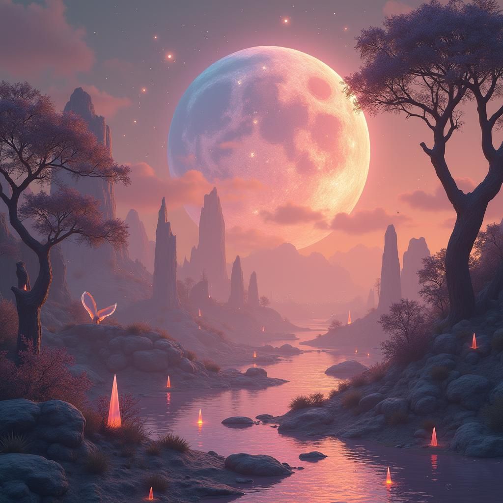 Surreal twilight planet with a golden-pink glow. Large biolu...