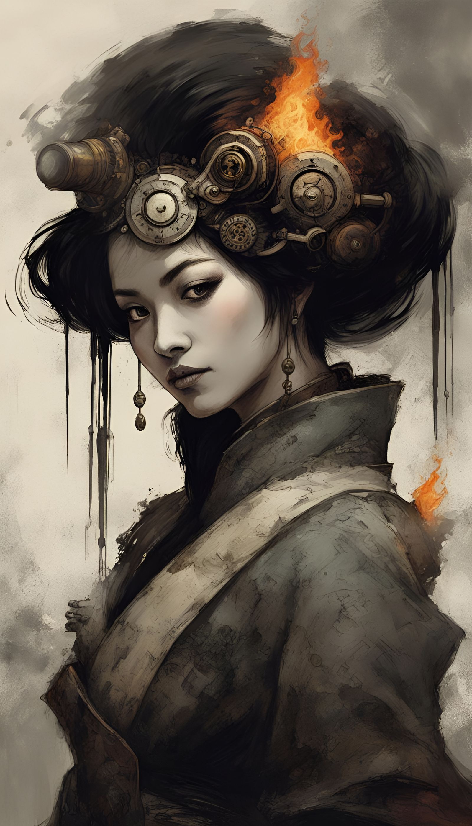 grunge portrait of a happy, smiling, beautiful steampunk burning geisha ...