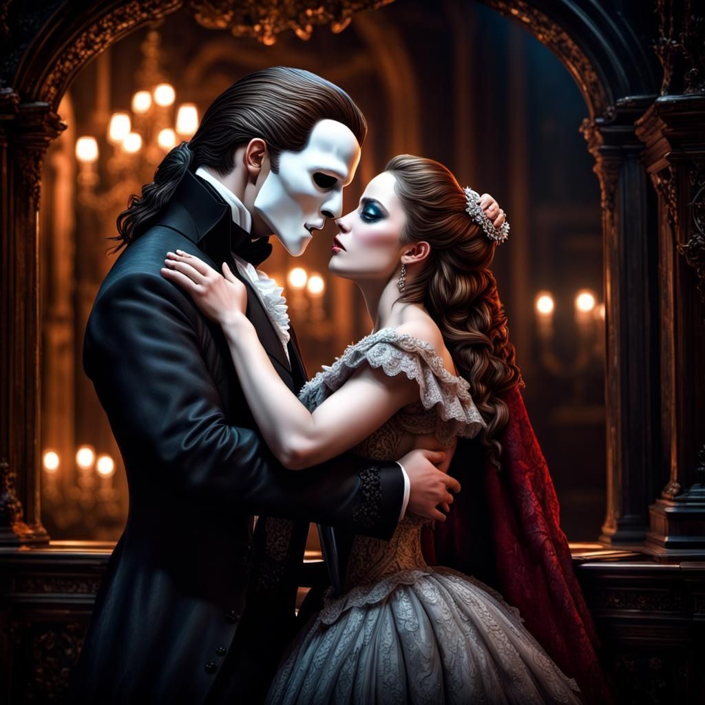 Phantom of the opera, hes embracing his love. Epic, very detailed, 3d, hd  by @Playfulfoxx 