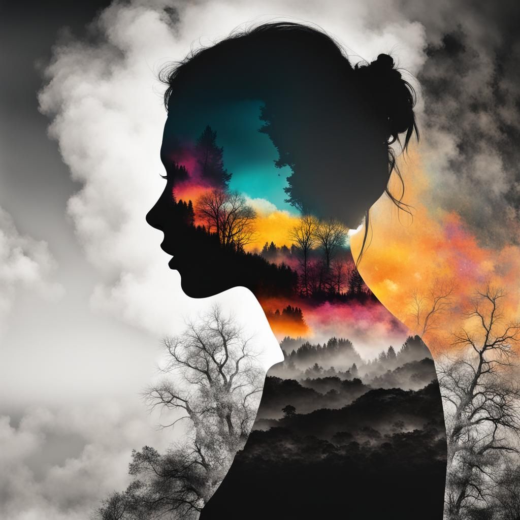 Masterpiece double exposure of a girl silhouette with monoch...